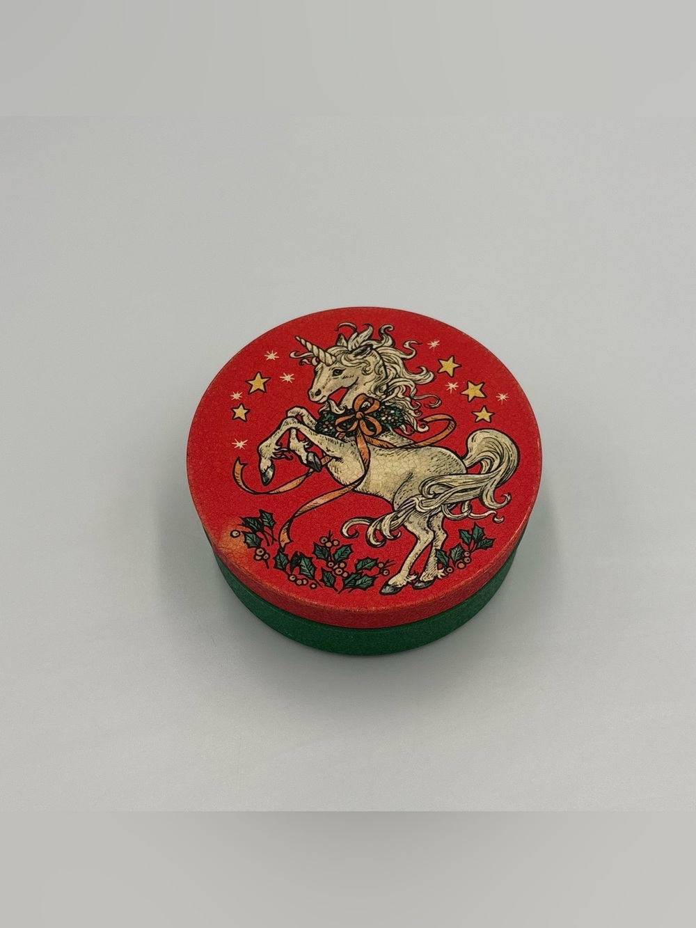Vintage 1980’s Unicorn Christmas Tin Metal Box by Potpurri Press USA Face Powder